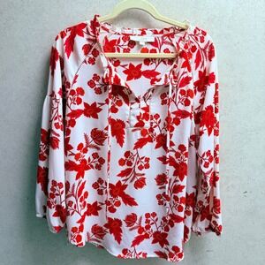 LOFT Medium Womens Dark Red White Floral Fall Spring‎ Light Weight Casual Blouse